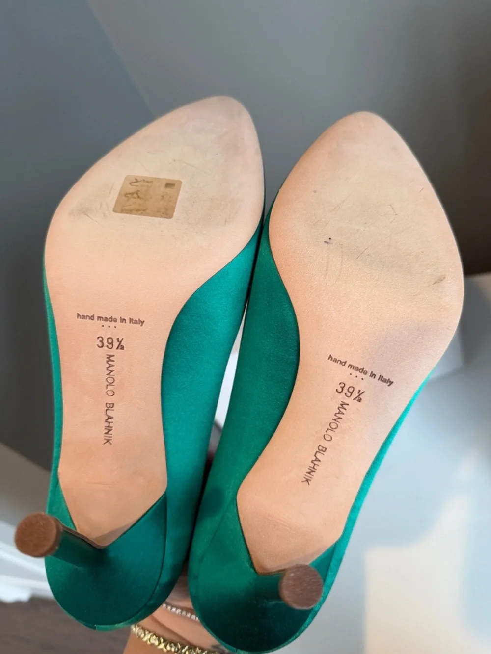 Manolo Blahnik Emerald Green Satin Crystal-Buckle Pumps - Picture 4 of 5